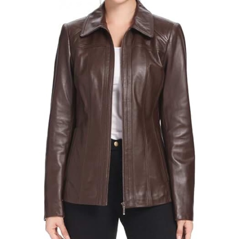 BGSD $300 Women's XL Dark Brown Soft Lambskin Leather Zip Up Classic Jacket  EUC